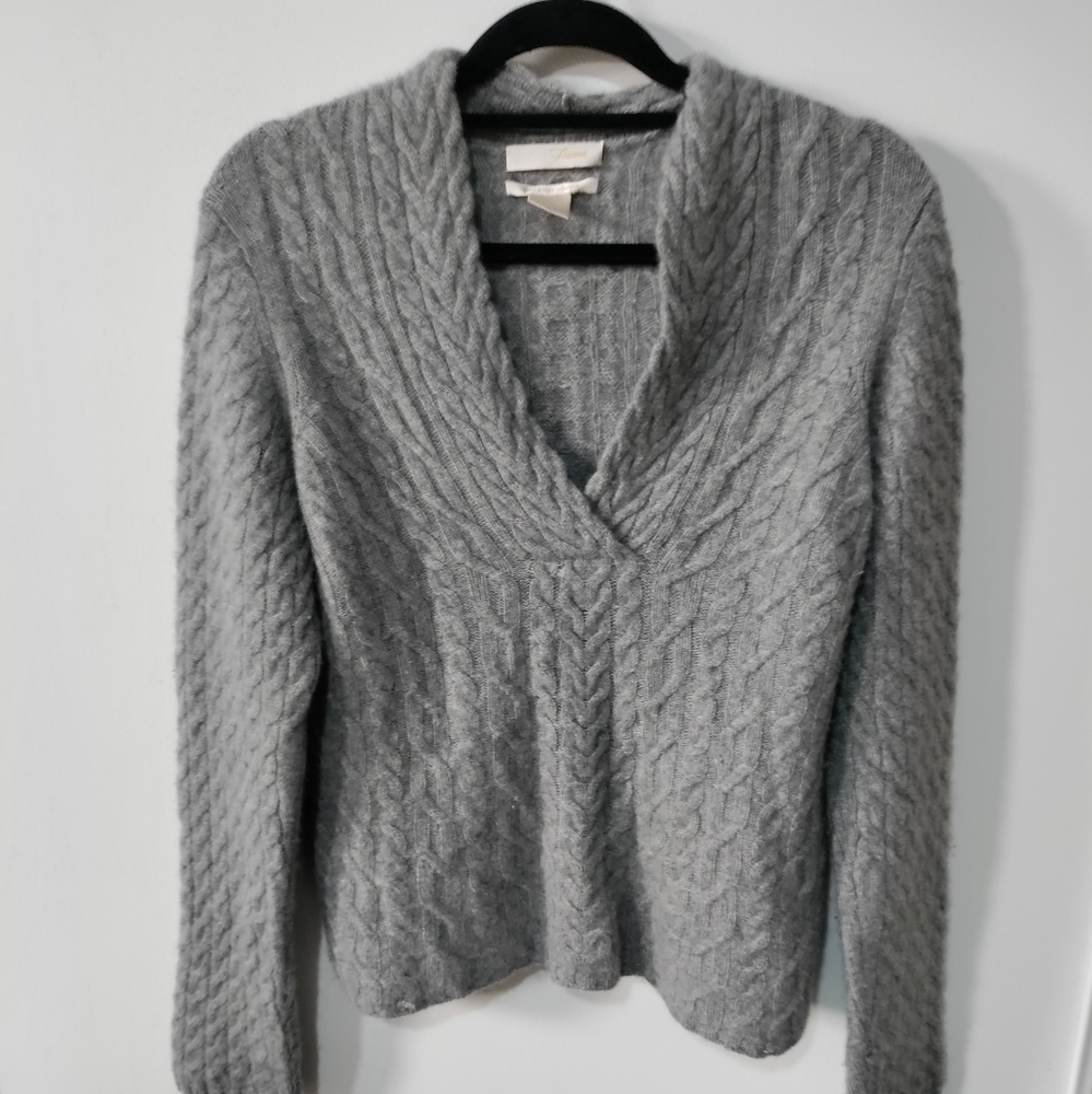 Fiona 100% 2-Ply Cashmere Cozy Grey Knit V-Neck Warm Pullover Sweater Top